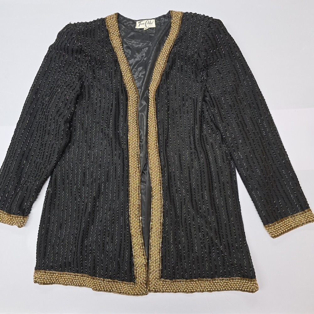 Vintage Tan Chho Black‎ Beaded Embellished Long Jacket Blazer Womens XL
